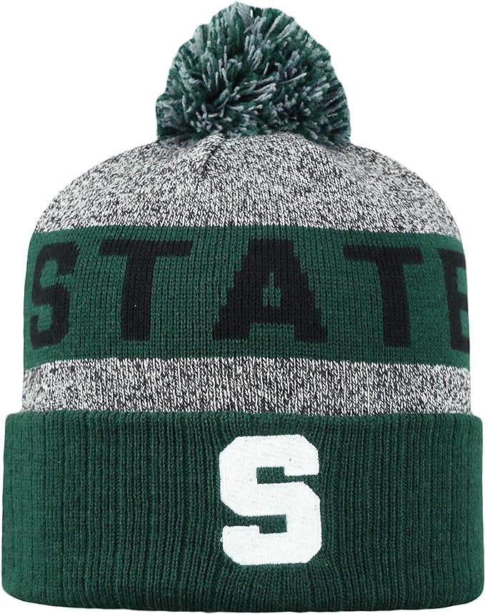 Collegiate Cuffed Knit Beanie Hats, Cuffed Knit Winter Beanies Available (Winter Pom Beanie, Michigan State Grey)