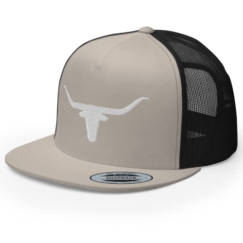 RIVEMUG Western Texas Flat Bill Trucker Hat Longhorn Country Rodeo Cowboy Ranch Embroidered Snapback Baseball Cap Men Women Silver/Black