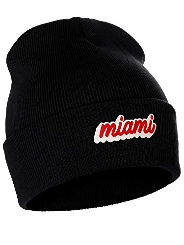 I&W Classic USA Cities Winter Knit Cuffed Beanie Hat 3D Raised Layer Letters, Miami Black, White Red