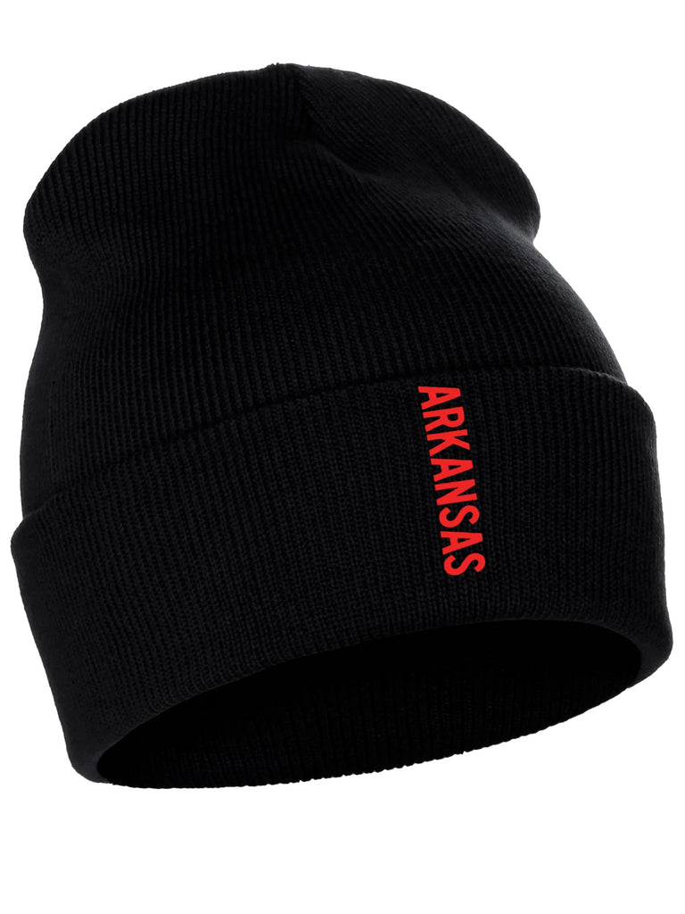 Daxton Vertical USA Cities Cuffed Beanie Winter Knit Hat Skully Cap, Arkansas Black Red